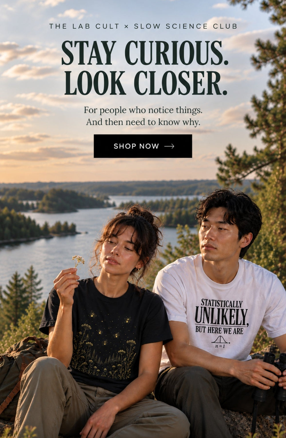 A promotional outdoor scene shows two scientists sitting on a hillside by a lake at sunset, wearing science- and nature-inspired graphic T-shirts.