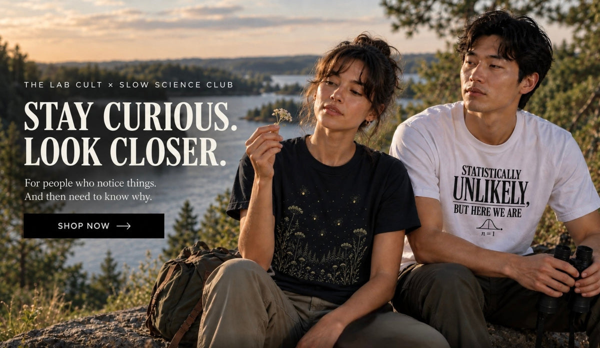 Two scientists sitting outdoors on a rocky hillside at sunset, wearing branded T-shirts. The woman wears a black graphic T-shirt featuring a firefly esign, and the man wears a white T-shirt with black text reading 'STATISTICALLY UNLIKELY, BUT HERE WE ARE.'