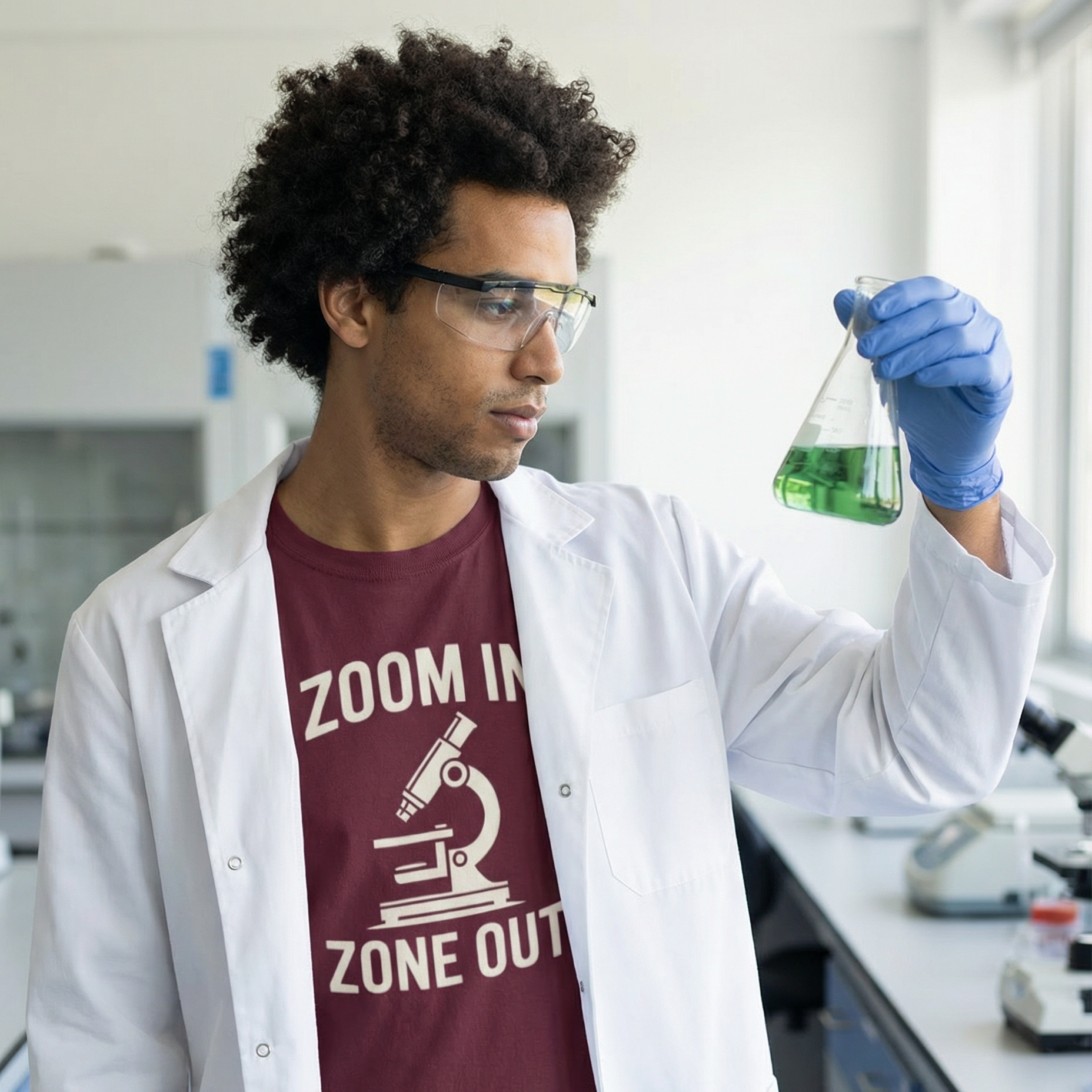 Person in a lab coat holding a beaker with green liquid, wearing a t-shirt with a microscope graphic.